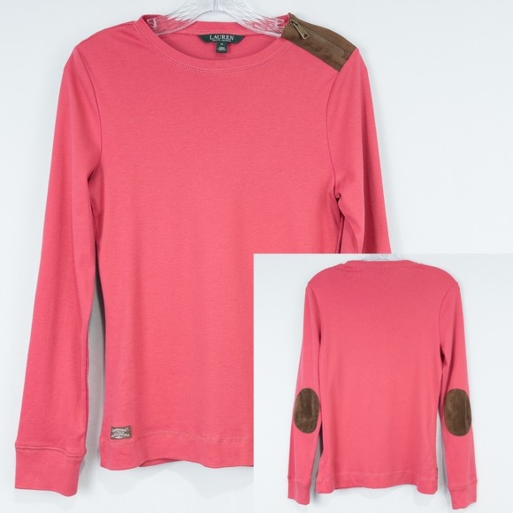 Lauren Ralph Lauren Elbow Patch Long‎ Sleeve Tee Womens M Pink Preppy Equestrian